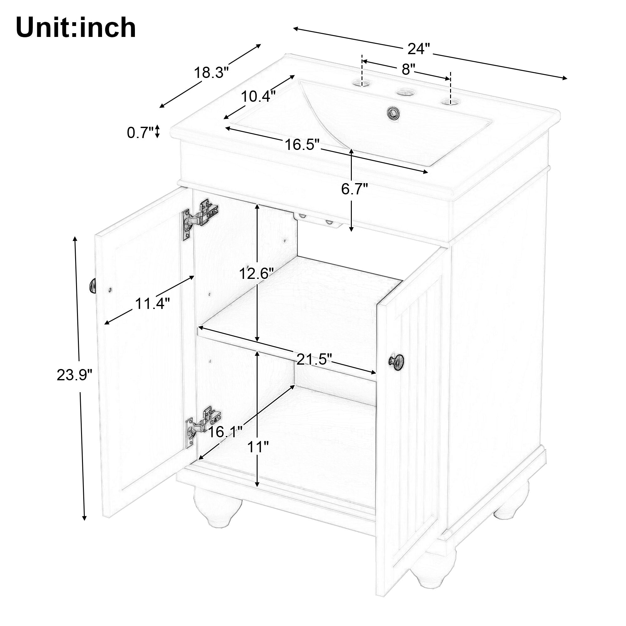 24" Modern Sleek Bathroom Vanity Elegant Ceramic Sink with Solid Wood Frame, Adjustable Shelf